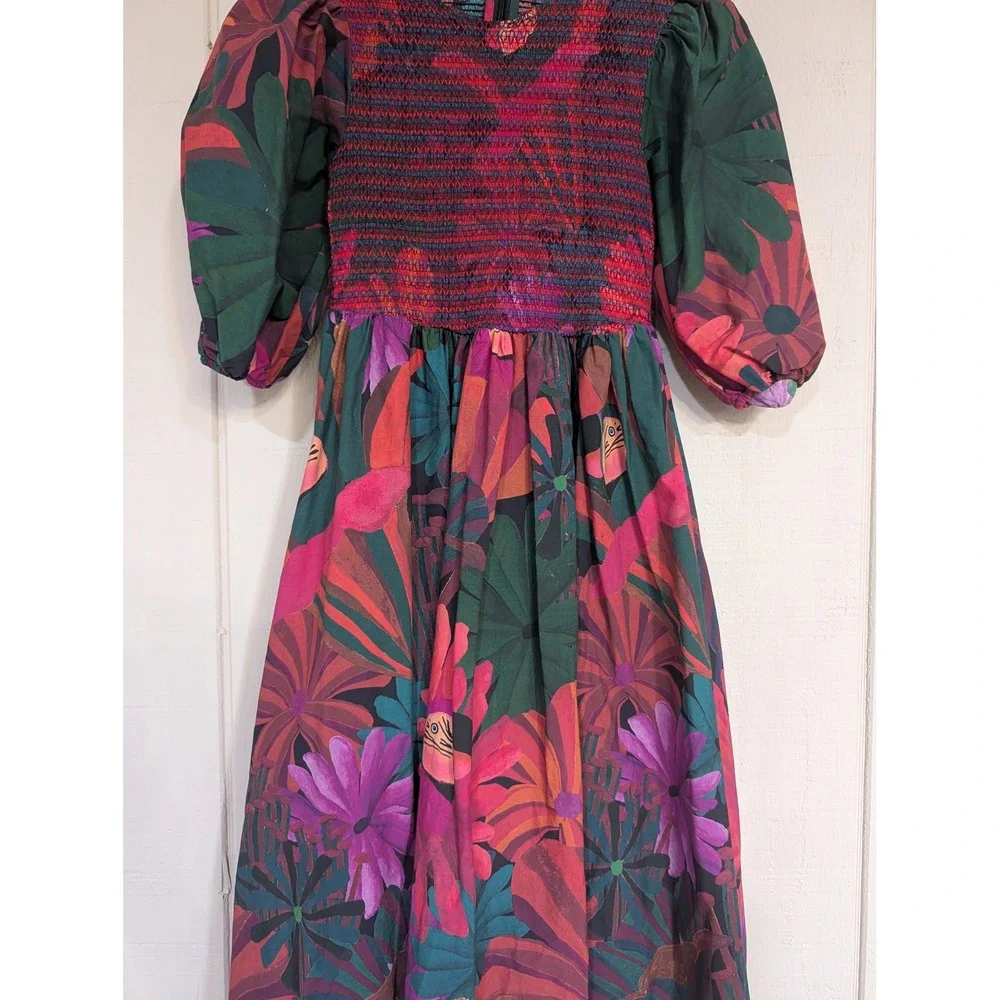 Farm Rio Dark Flowers Smocked Midi Dress Puff Sleeve Floral XS - Picture 5 of 16